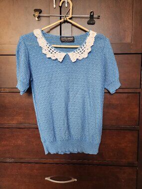 Vintage Castle Square blue and white lace neck cottage core top